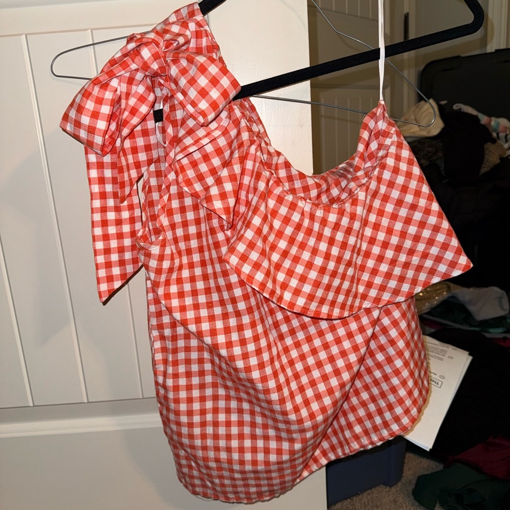 Gingham One-Shoulder Top - Orange and white Checkered